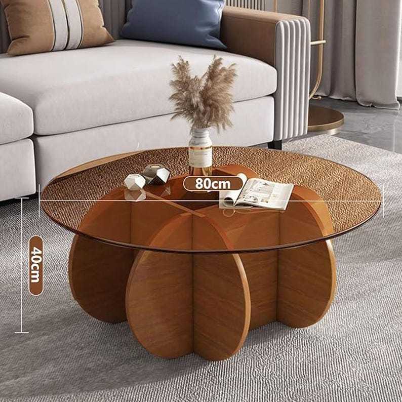 Table Basse Moderne Quadris en Verre Transparent avec Base en Bois Abstrait - Brun Cranberry Glass