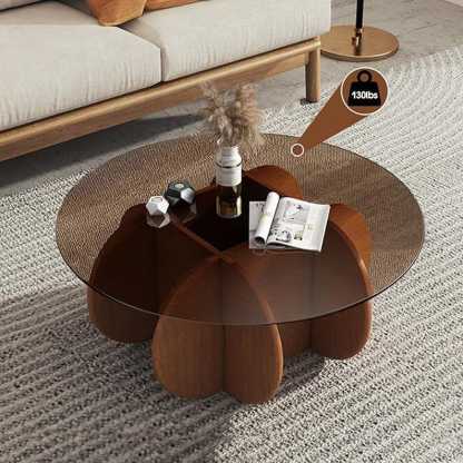 Table Basse Moderne Quadris en Verre Transparent avec Base en Bois Abstrait - Brun Cranberry Glass