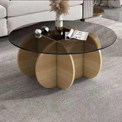 Table Basse Moderne Quadris en Verre Transparent avec Base en Bois Abstrait - Brun Cranberry Glass