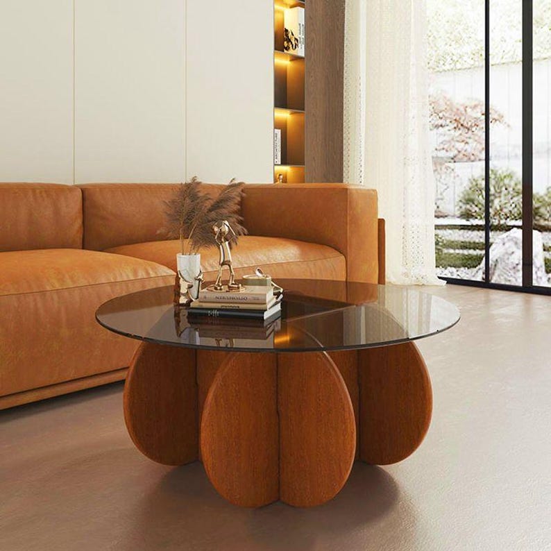 Table Basse Moderne Quadris en Verre Transparent avec Base en Bois Abstrait - Brun Cranberry Glass