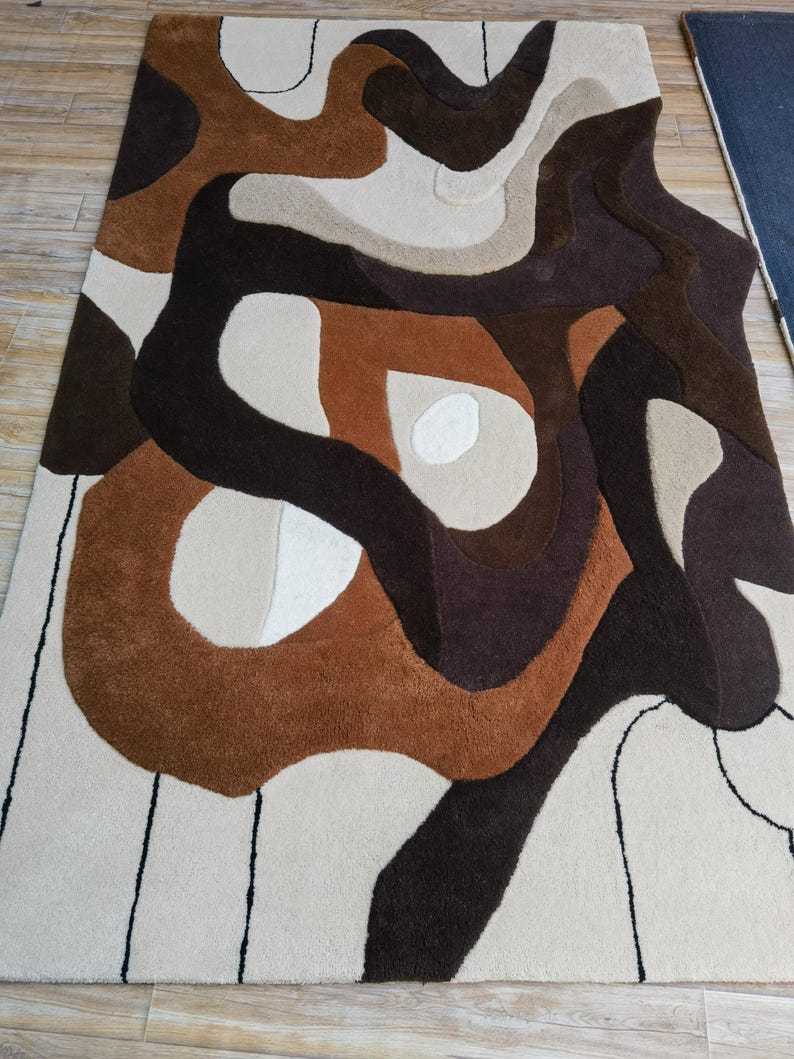 Tapis moderne touffeté à la main en laine bohème marron et beige 8 x 10 pour le salon, tapis bio abstraits 6 x 9 pour chambre à coucher, tapis personnalisés 4 x 6 5 x 7