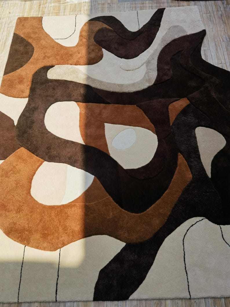 Tapis moderne touffeté à la main en laine bohème marron et beige 8 x 10 pour le salon, tapis bio abstraits 6 x 9 pour chambre à coucher, tapis personnalisés 4 x 6 5 x 7