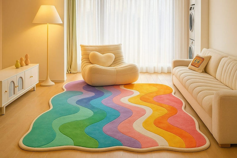5 x 8 tapis touffeté arc-en-ciel | Tapis ondulé coloré | Carpette aux dimensions personnalisées 9 x 12