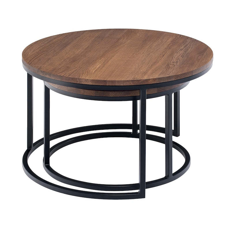 Table basse gigogne ronde, ensemble de tables basses rondes en bois, table basse en chêne foncé, table basse en chêne massif, table basse en chêne massif et métal