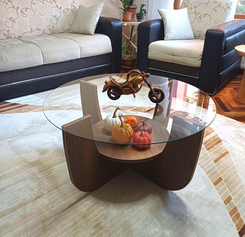 Table basse en bois en forme d'étoile en verre trempé