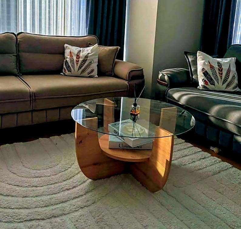 Table basse en bois en forme d'étoile en verre trempé