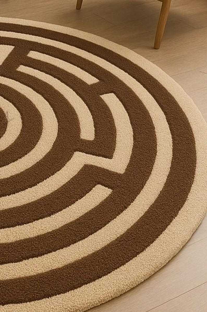 Labyrinthe tufté main | Carpette circulaire Labyrinthe marron et beige | de sol rond au design casse-tête unique | Décoration d'intérieur moderne et confortable