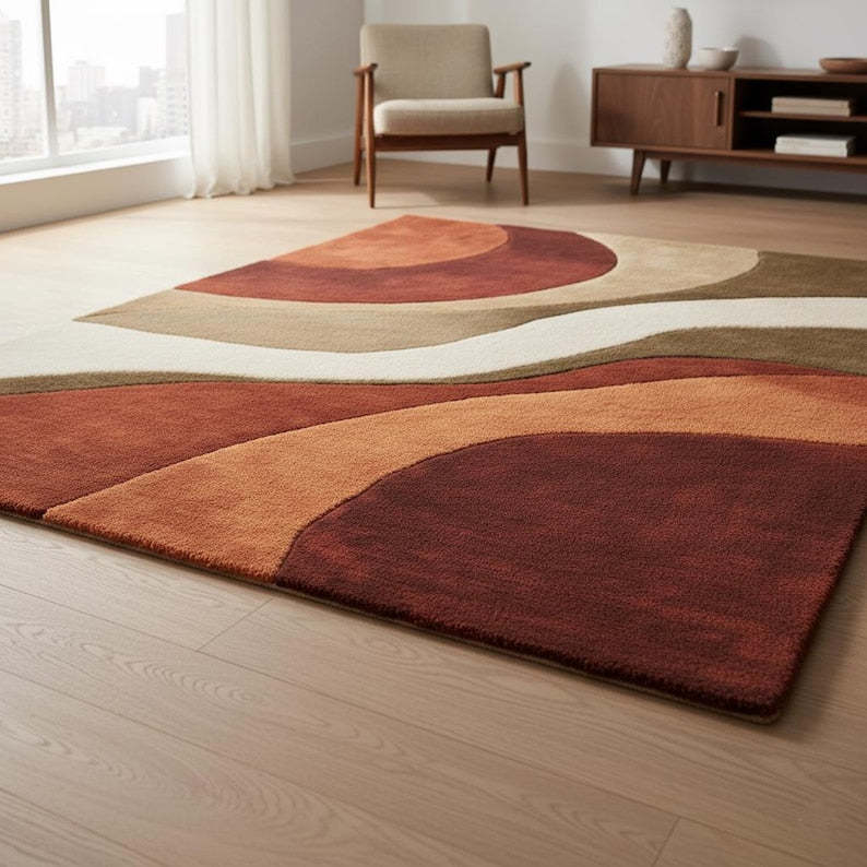 Tapis à vagues géométriques rétro des années 70 : tapis d'appoint moderne Mid-Century