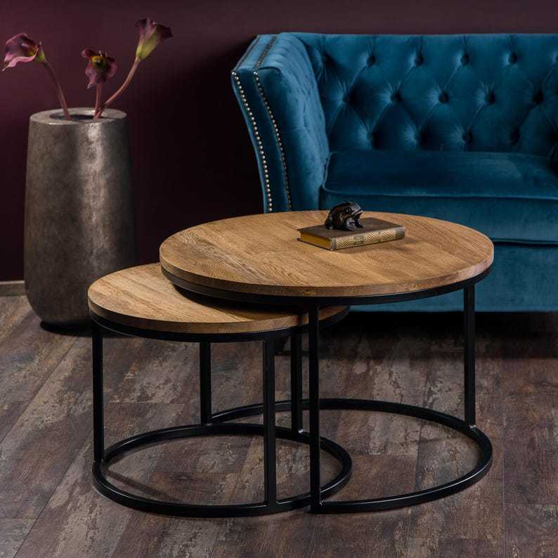 Table basse gigogne ronde, ensemble de tables basses rondes en bois, table basse en chêne foncé, table basse en chêne massif, table basse en chêne massif et métal