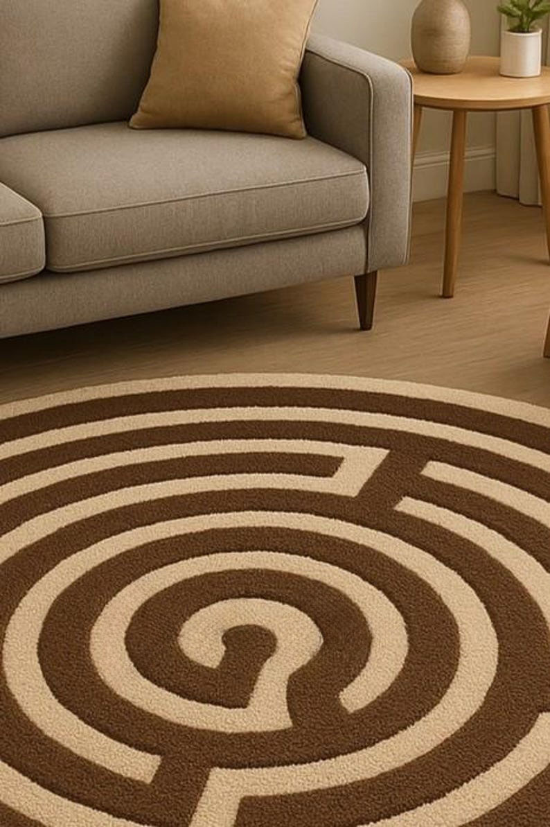 Labyrinthe tufté main | Carpette circulaire Labyrinthe marron et beige | de sol rond au design casse-tête unique | Décoration d'intérieur moderne et confortable