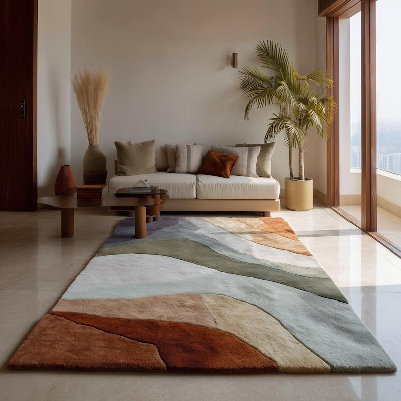 Tapis abstrait rouille terracotta vert sauge, crème | de forme organique moderne | Décoration de salon bohème terreuse | Tapis de sol texturé confortable