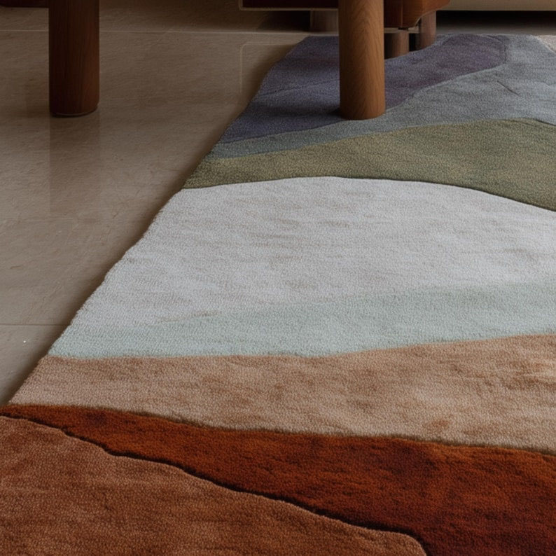 Tapis abstrait rouille terracotta vert sauge, crème | de forme organique moderne | Décoration de salon bohème terreuse | Tapis de sol texturé confortable