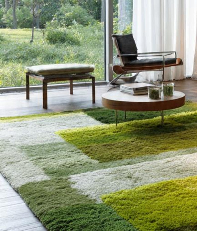 Tapis botanique abstrait tufté fait main de mousse tufté 100 % laine fine et tapis vert pour le bureau