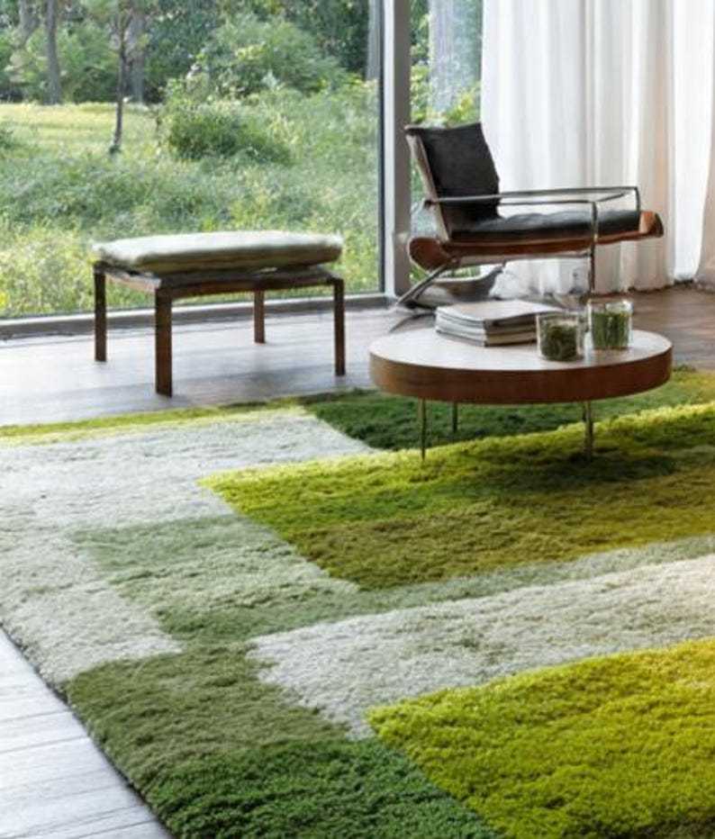 Tapis botanique abstrait tufté fait main de mousse tufté 100 % laine fine et tapis vert pour le bureau