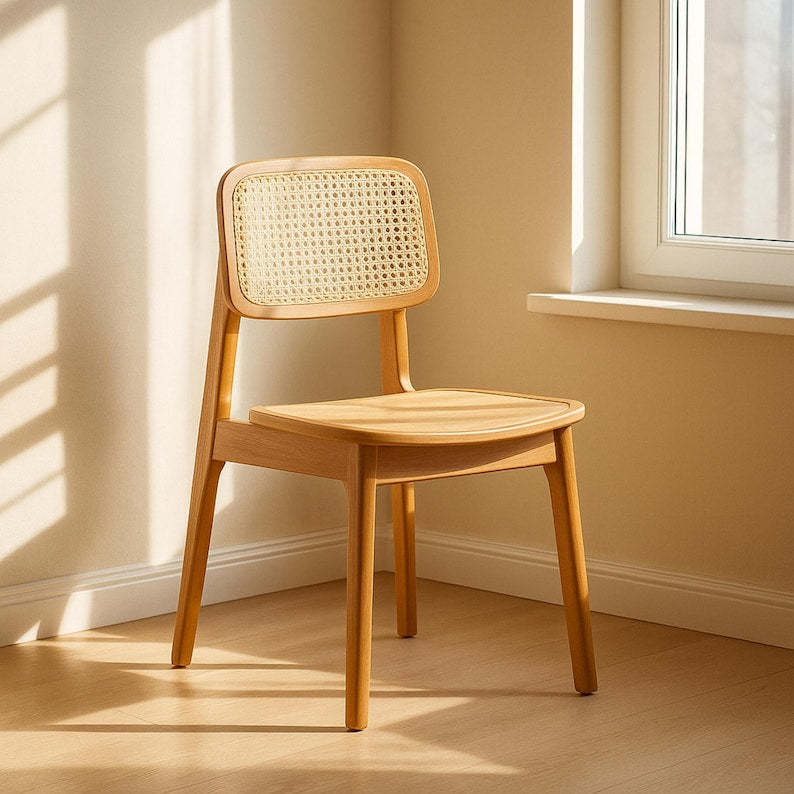 Chaise de salle à manger scandinave en bois - Chaise en bois de caoutchouc massif avec dossier en rotin, meubles de salle à manger minimalistes nordiques Japandi