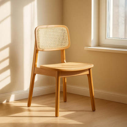 Chaise de salle à manger scandinave en bois - Chaise en bois de caoutchouc massif avec dossier en rotin, meubles de salle à manger minimalistes nordiques Japandi