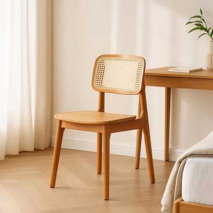 Chaise de salle à manger scandinave en bois - Chaise en bois de caoutchouc massif avec dossier en rotin, meubles de salle à manger minimalistes nordiques Japandi