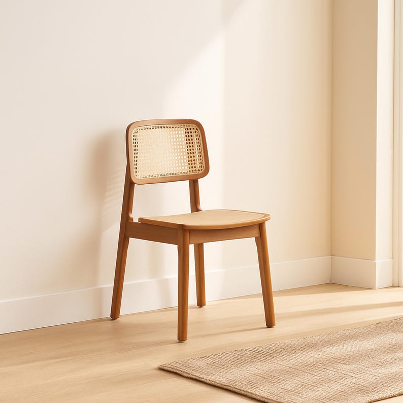 Chaise de salle à manger scandinave en bois - Chaise en bois de caoutchouc massif avec dossier en rotin, meubles de salle à manger minimalistes nordiques Japandi