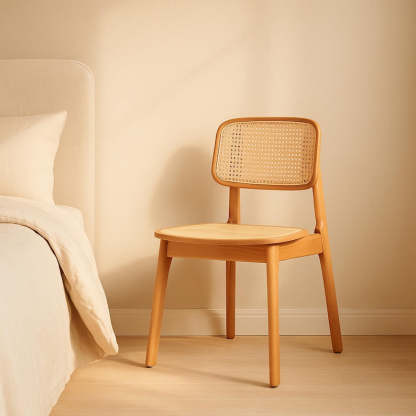 Chaise de salle à manger scandinave en bois - Chaise en bois de caoutchouc massif avec dossier en rotin, meubles de salle à manger minimalistes nordiques Japandi