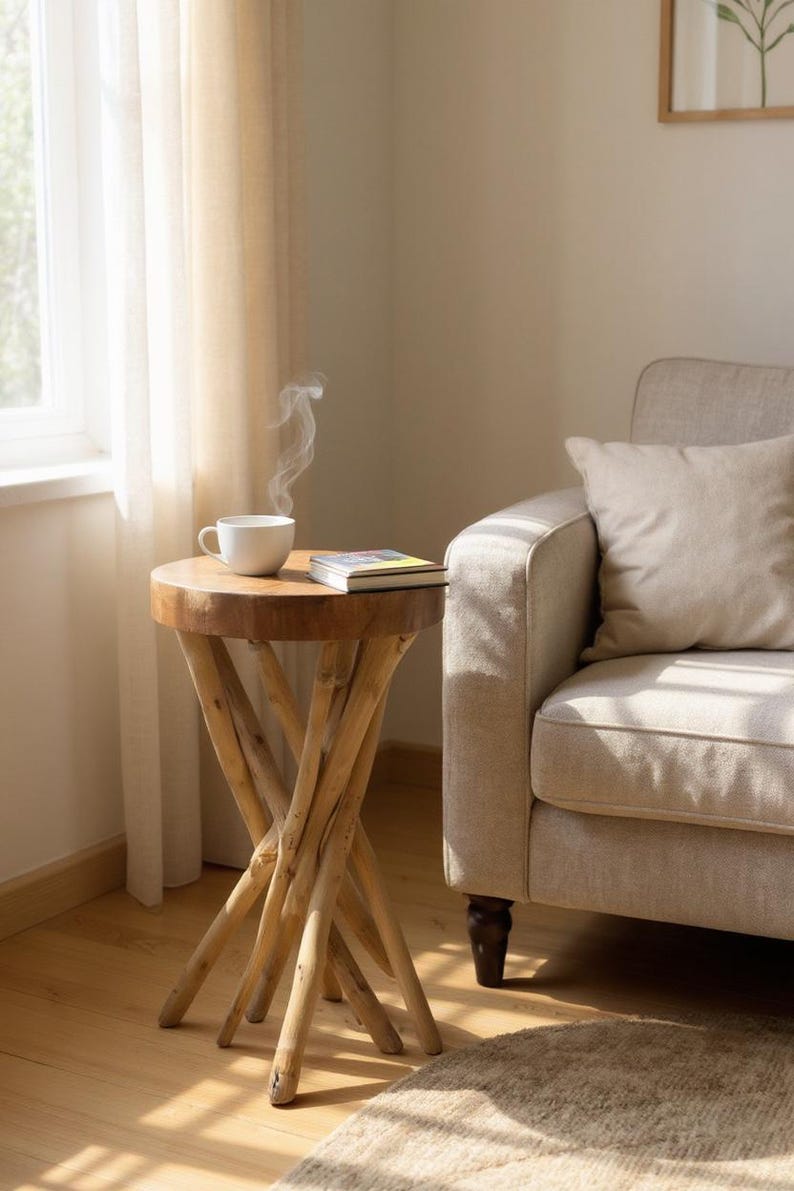 Table d'appoint ronde en bois – table basse tabouret en bois – faite à la main – en bois de suar et de teck – 50x28x28 cm