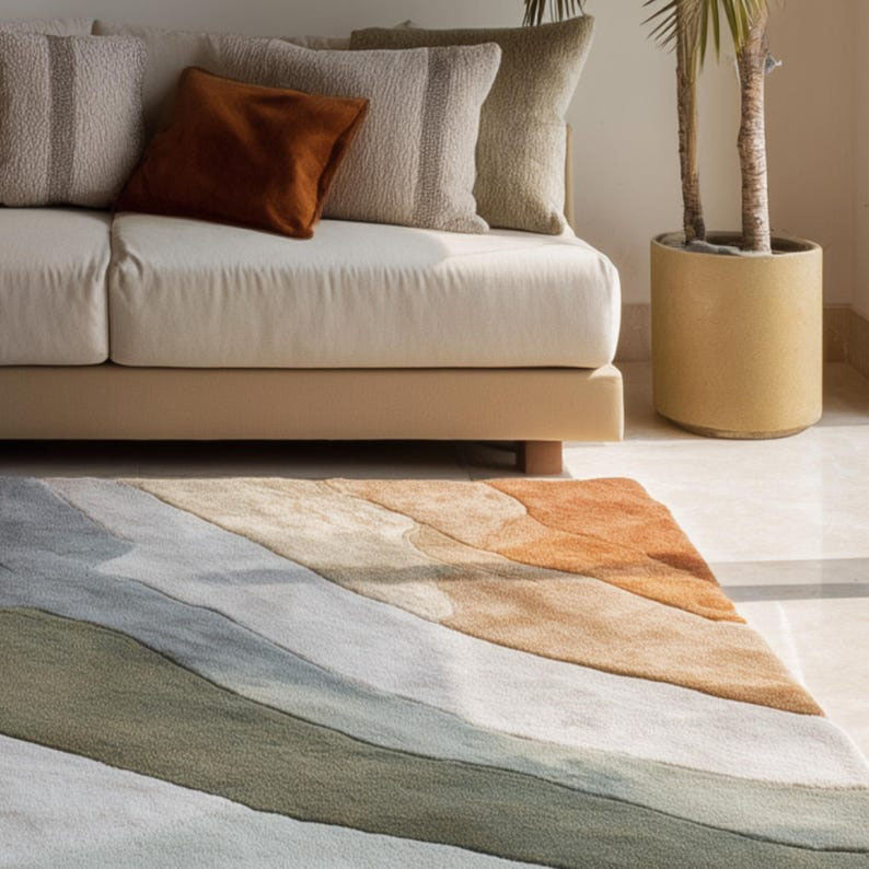 Tapis abstrait rouille terracotta vert sauge, crème | de forme organique moderne | Décoration de salon bohème terreuse | Tapis de sol texturé confortable