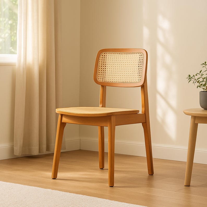 Chaise de salle à manger scandinave en bois - Chaise en bois de caoutchouc massif avec dossier en rotin, meubles de salle à manger minimalistes nordiques Japandi
