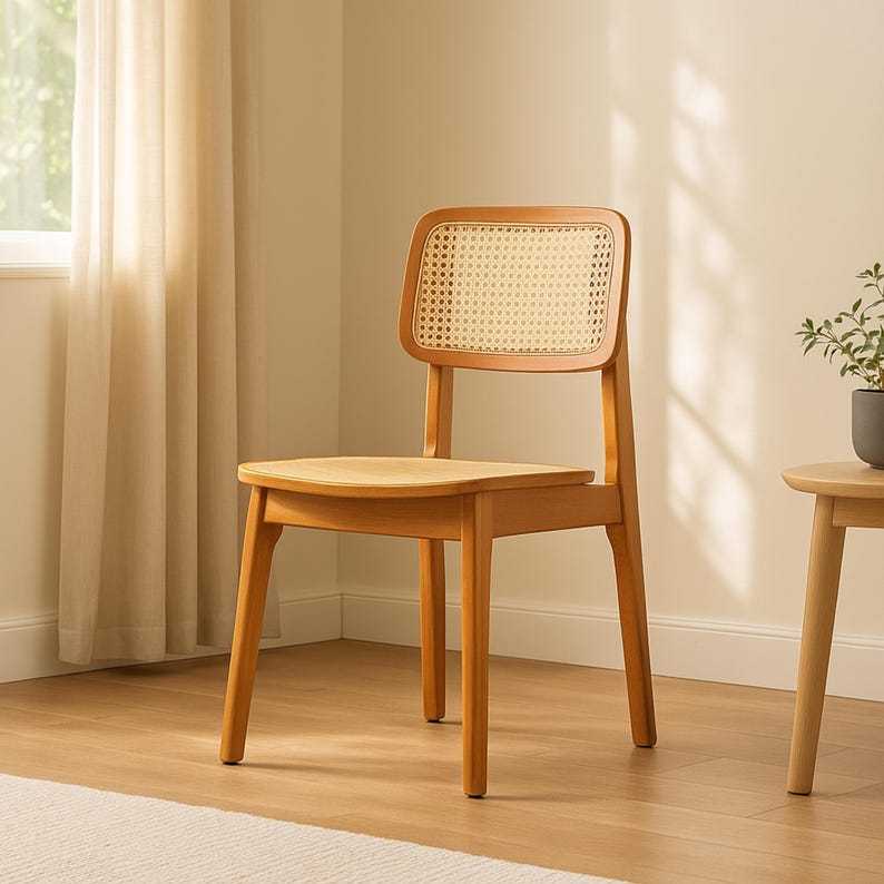 Chaise de salle à manger scandinave en bois - Chaise en bois de caoutchouc massif avec dossier en rotin, meubles de salle à manger minimalistes nordiques Japandi