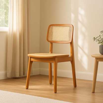 Chaise de salle à manger scandinave en bois - Chaise en bois de caoutchouc massif avec dossier en rotin, meubles de salle à manger minimalistes nordiques Japandi