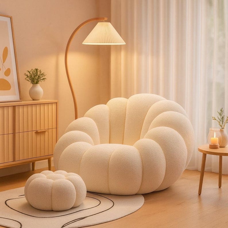 Cozy Modern Cloud-Style Lounge Chair and Ottoman, perfect for adding a soft, featuring a plush footrest pouf ideal for relaxing.
