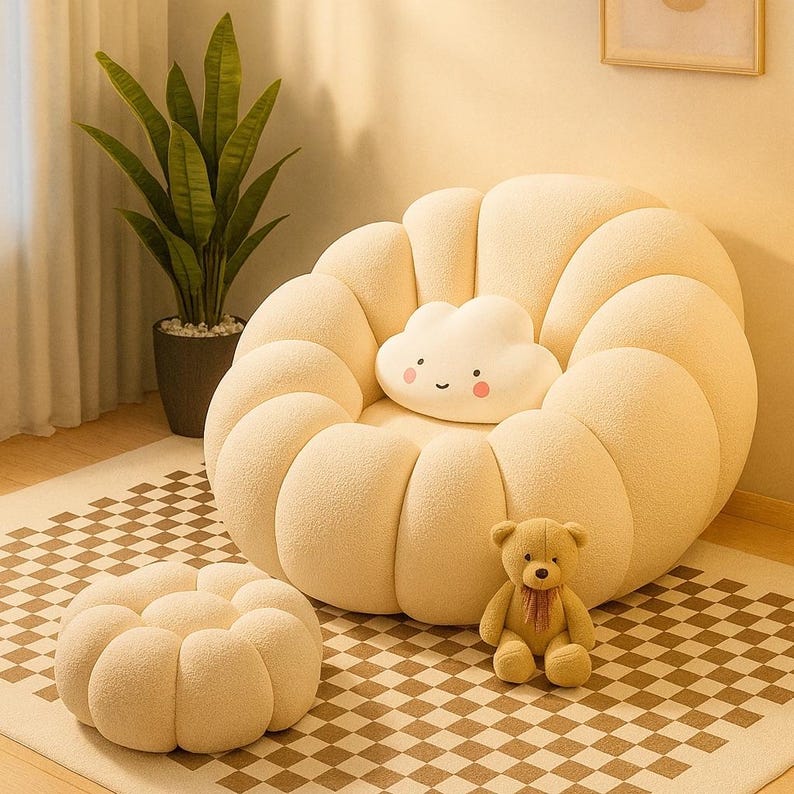 Cozy Modern Cloud-Style Lounge Chair and Ottoman, perfect for adding a soft, featuring a plush footrest pouf ideal for relaxing.