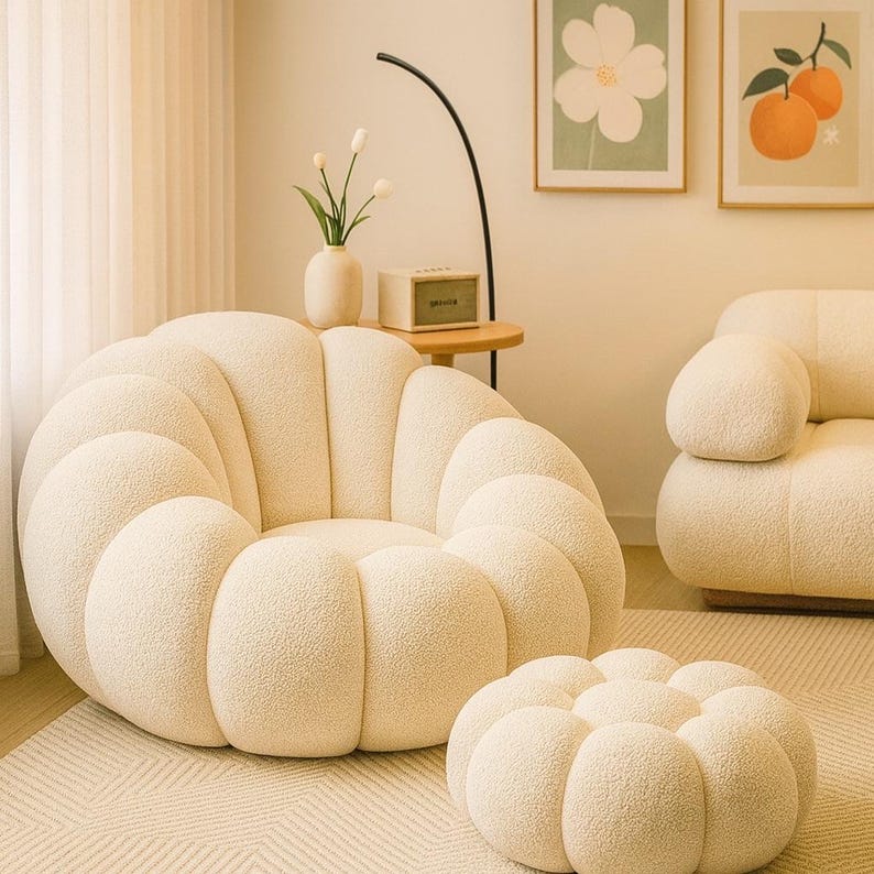 Cozy Modern Cloud-Style Lounge Chair and Ottoman, perfect for adding a soft, featuring a plush footrest pouf ideal for relaxing.