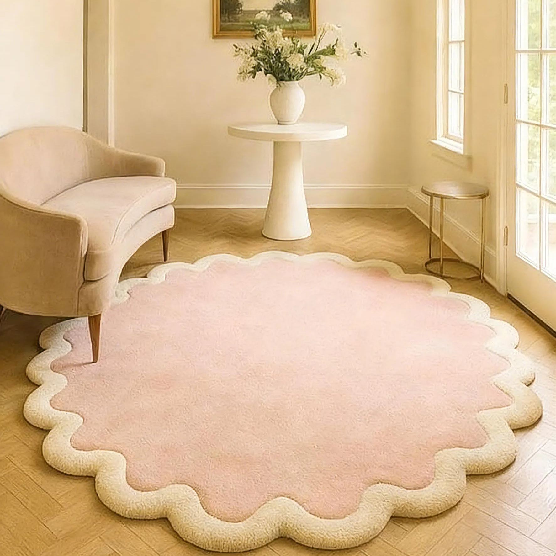 Tapis en laine tufté main 5 x 7 cm | Bordure ondulée festonnée rose
