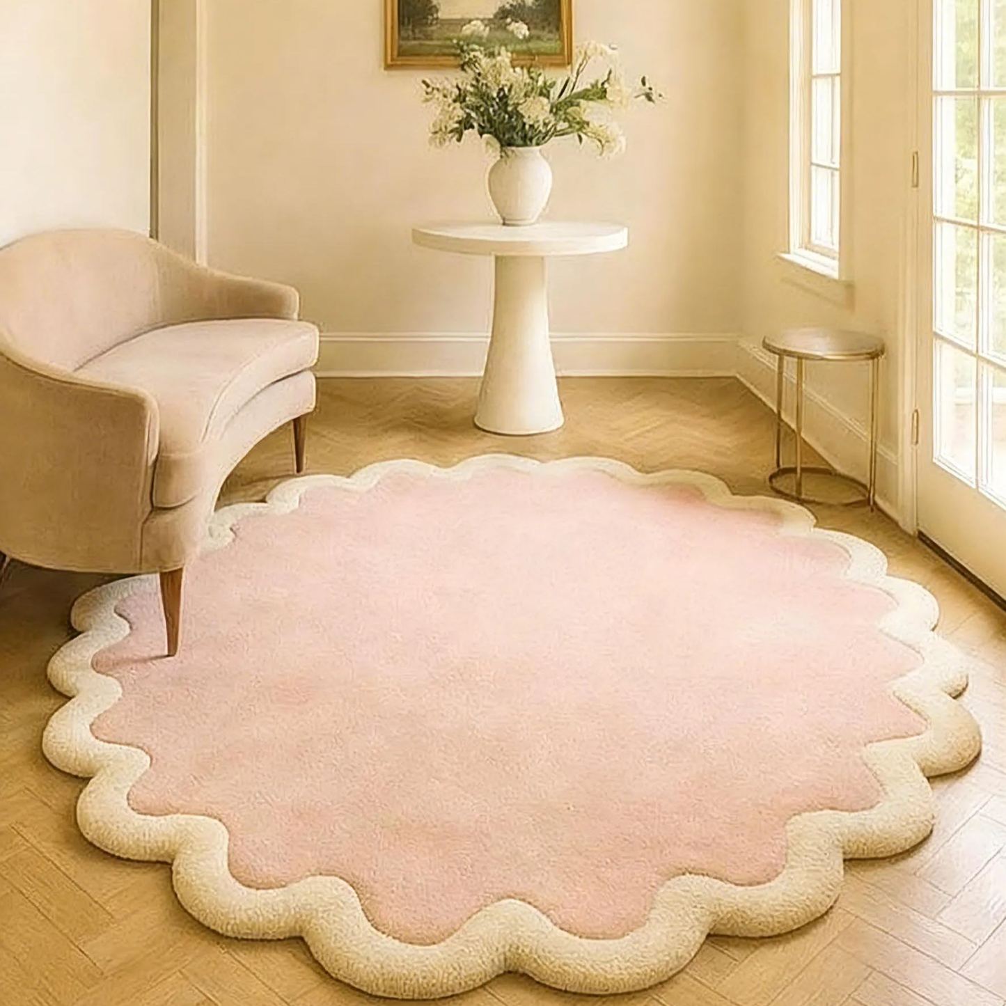 Tapis en laine tufté main 5 x 7 cm | Bordure ondulée festonnée rose