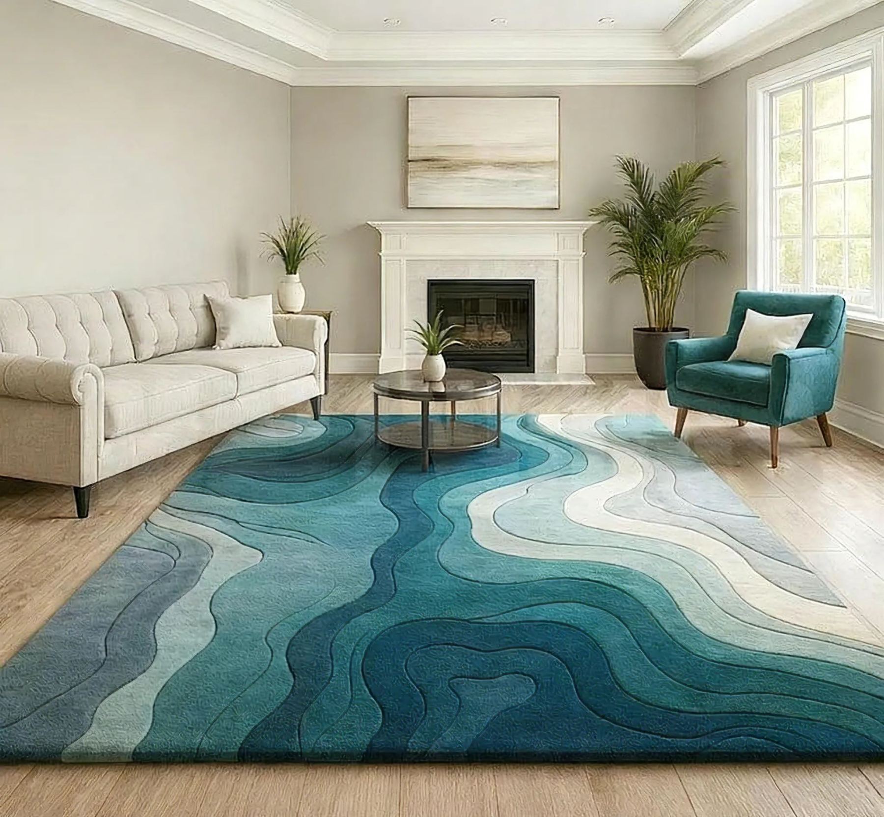 Tapis abstrait vagues : bleu sarcelle dégradé, décor côtier