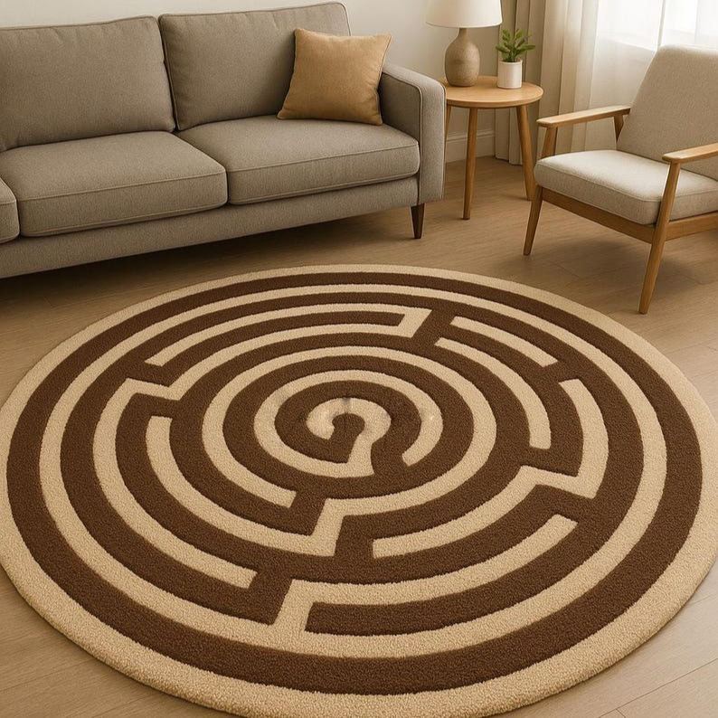 Labyrinthe tufté main | Carpette circulaire Labyrinthe marron et beige | de sol rond au design casse-tête unique | Décoration d'intérieur moderne et confortable