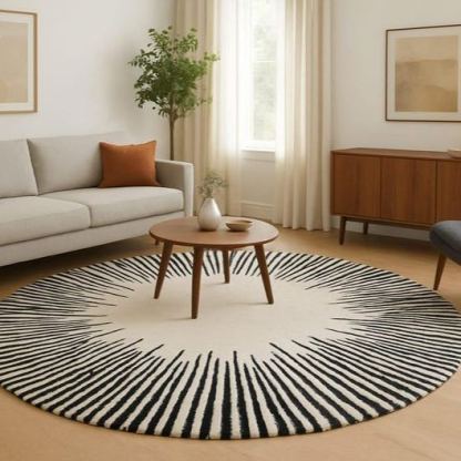 Tapis rond laine noir et blanc motif solaire