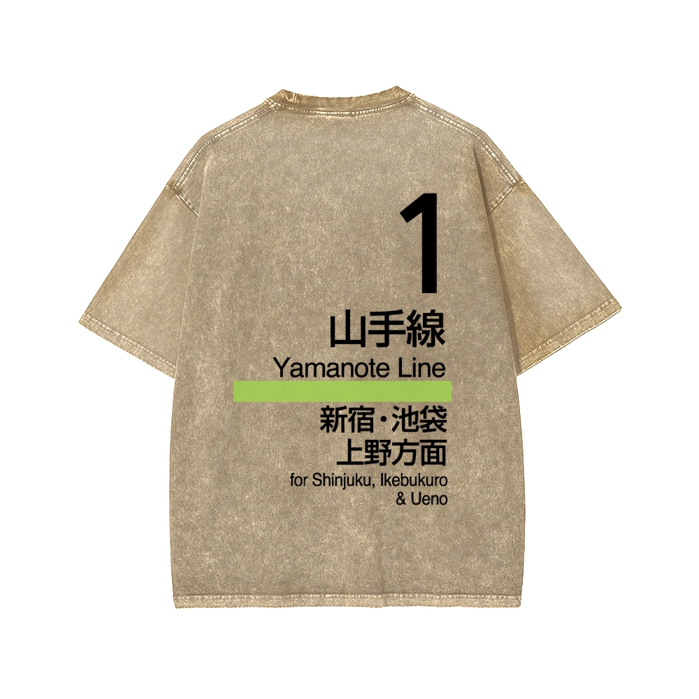 Yamanote Line Front And Back Printing Washed T-shirt