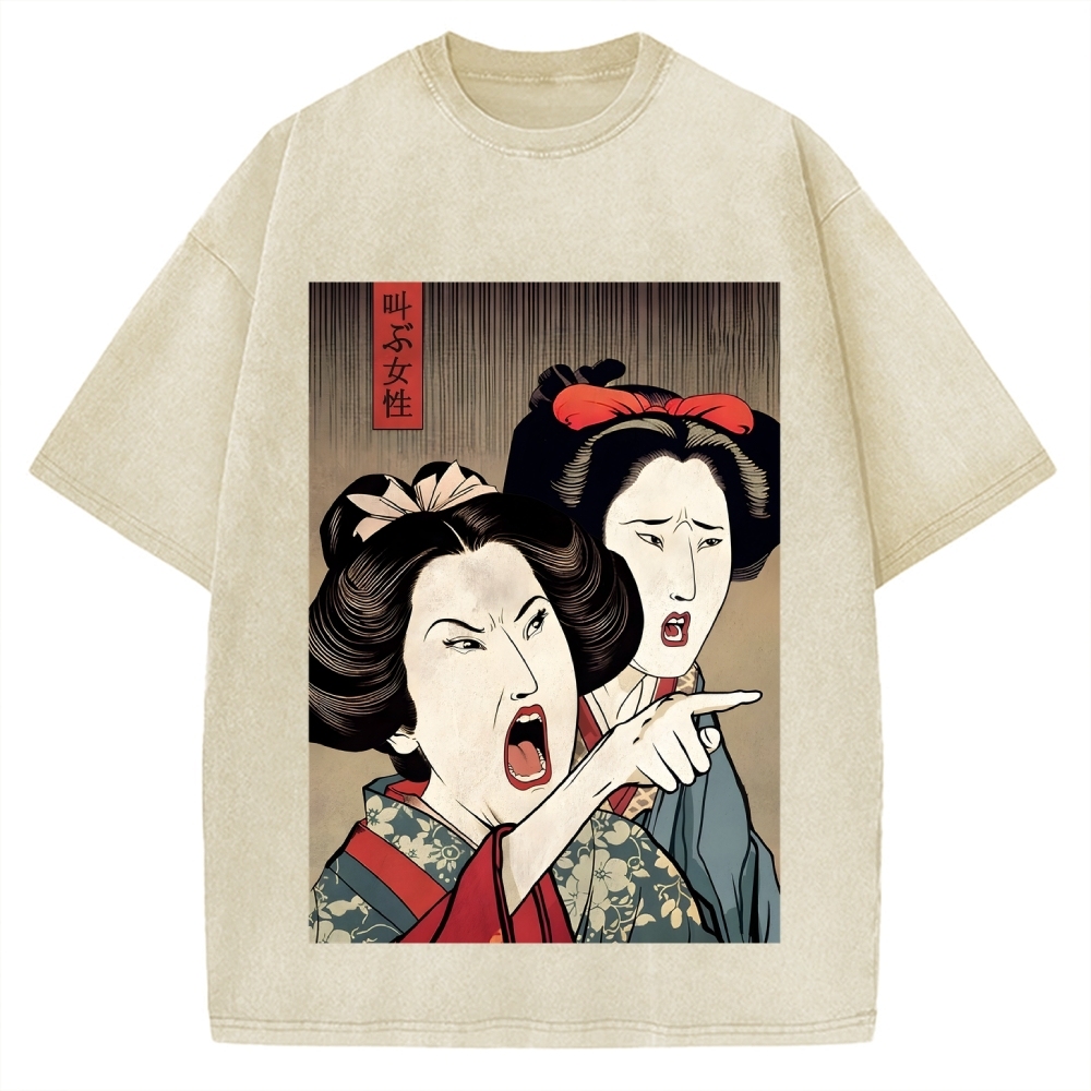 Woman Yelling At Cat Japanese Ukiyo-E Vintage Washed T-shirt