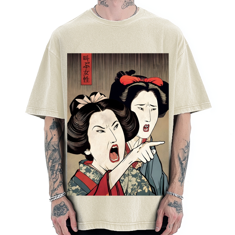 Woman Yelling At Cat Japanese Ukiyo-E Vintage Washed T-shirt