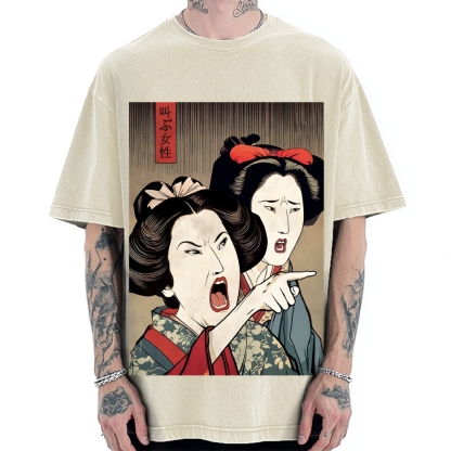 Woman Yelling At Cat Japanese Ukiyo-E Vintage Washed T-shirt