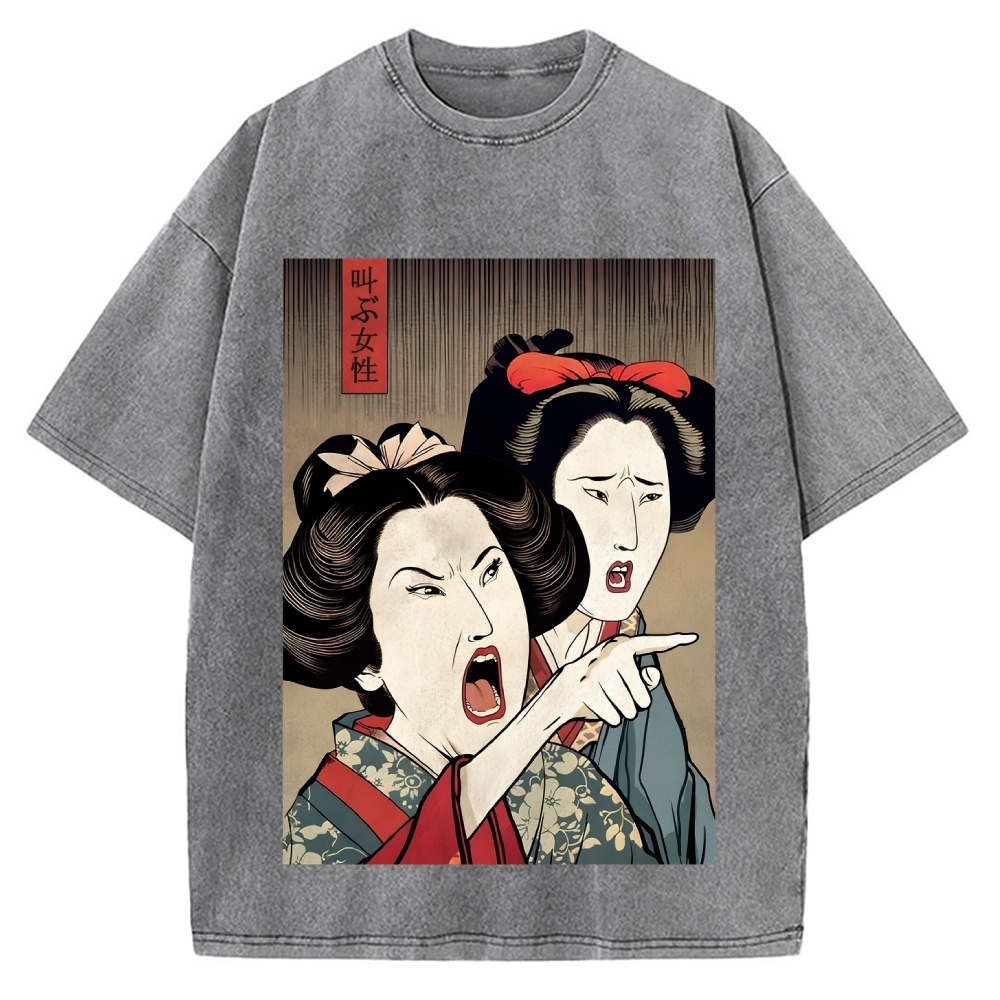 Woman Yelling At Cat Japanese Ukiyo-E Vintage Washed T-shirt