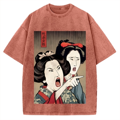 Woman Yelling At Cat Japanese Ukiyo-E Vintage Washed T-shirt