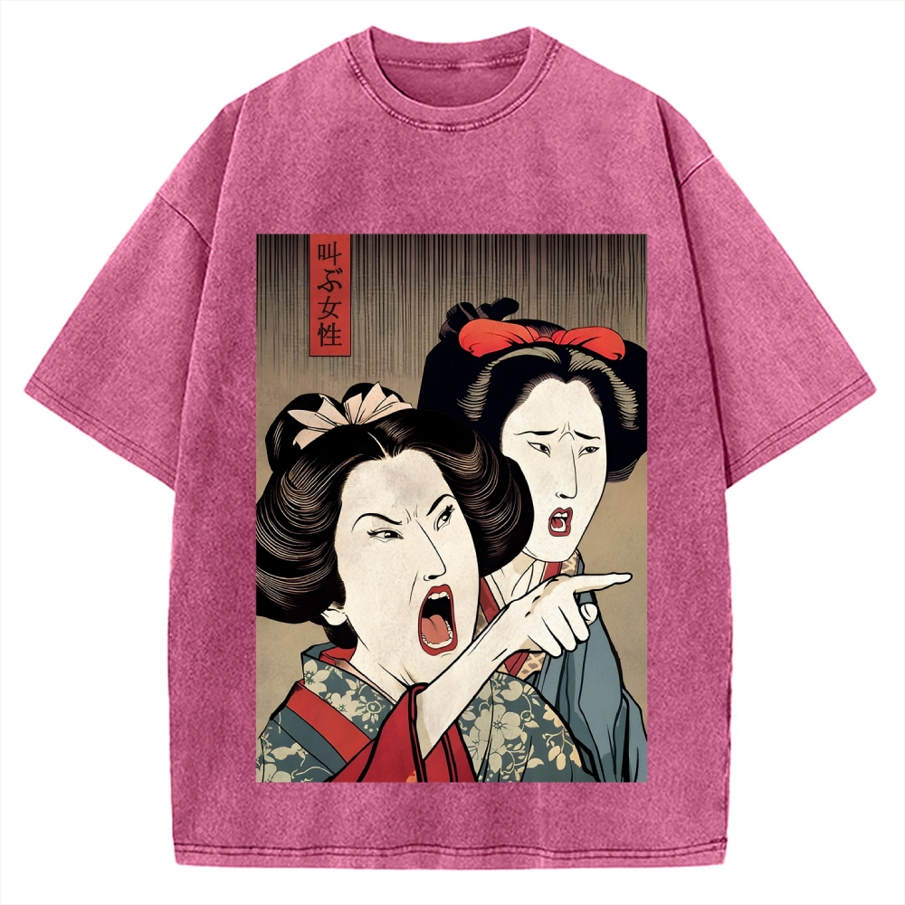 Woman Yelling At Cat Japanese Ukiyo-E Vintage Washed T-shirt