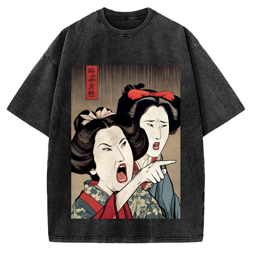 Woman Yelling At Cat Japanese Ukiyo-E Vintage Washed T-shirt