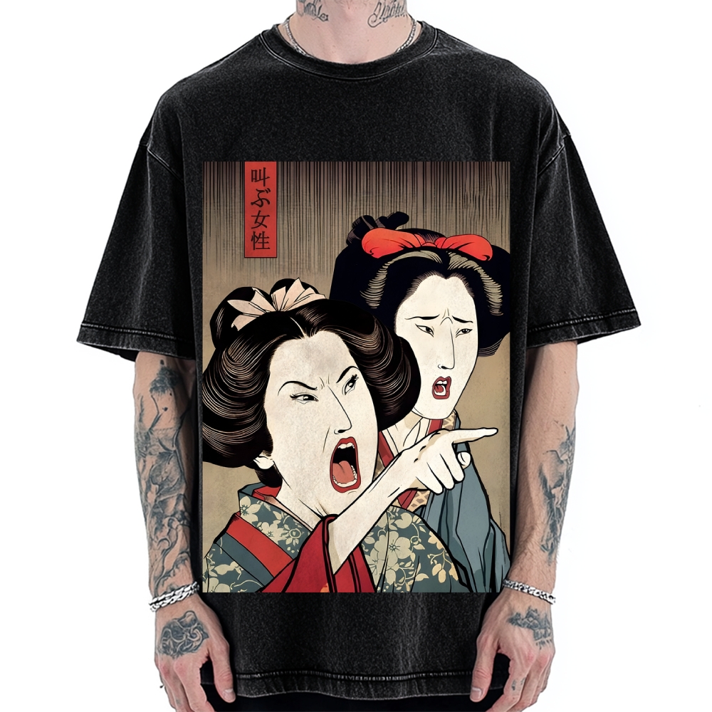 Woman Yelling At Cat Japanese Ukiyo-E Vintage Washed T-shirt