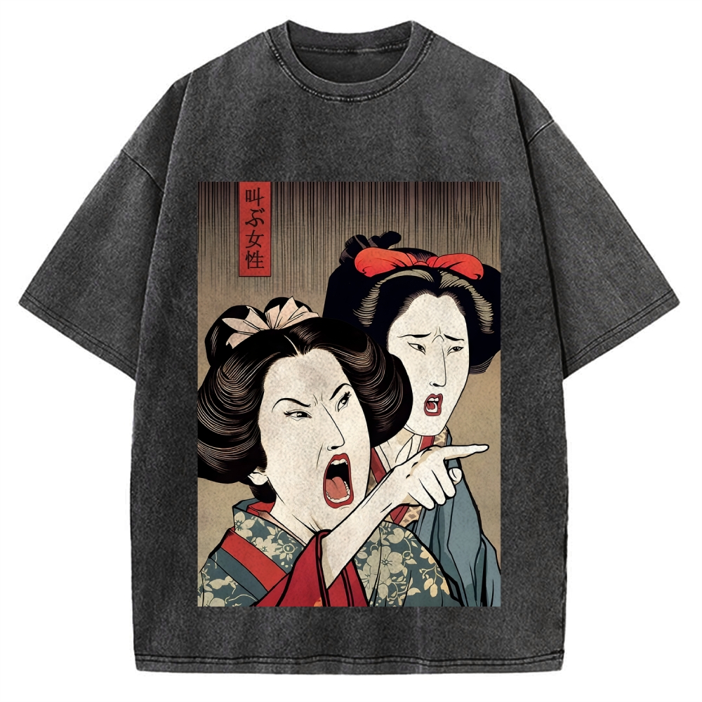 Woman Yelling At Cat Japanese Ukiyo-E Vintage Washed T-shirt