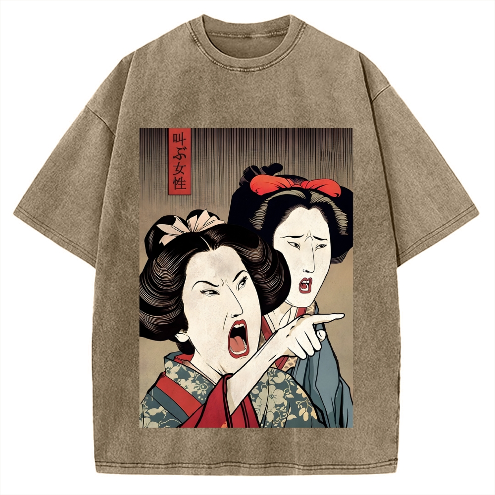 Woman Yelling At Cat Japanese Ukiyo-E Vintage Washed T-shirt