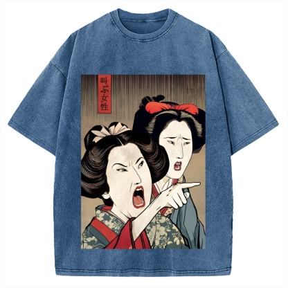 Woman Yelling At Cat Japanese Ukiyo-E Vintage Washed T-shirt