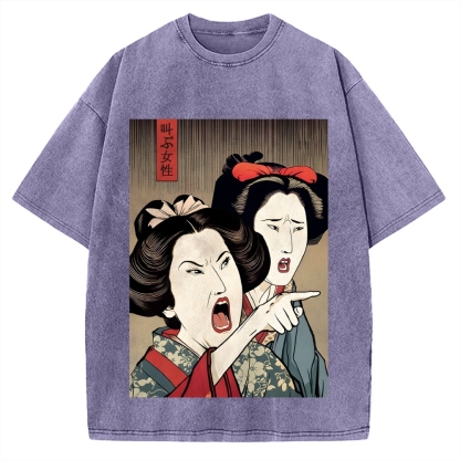 Woman Yelling At Cat Japanese Ukiyo-E Vintage Washed T-shirt