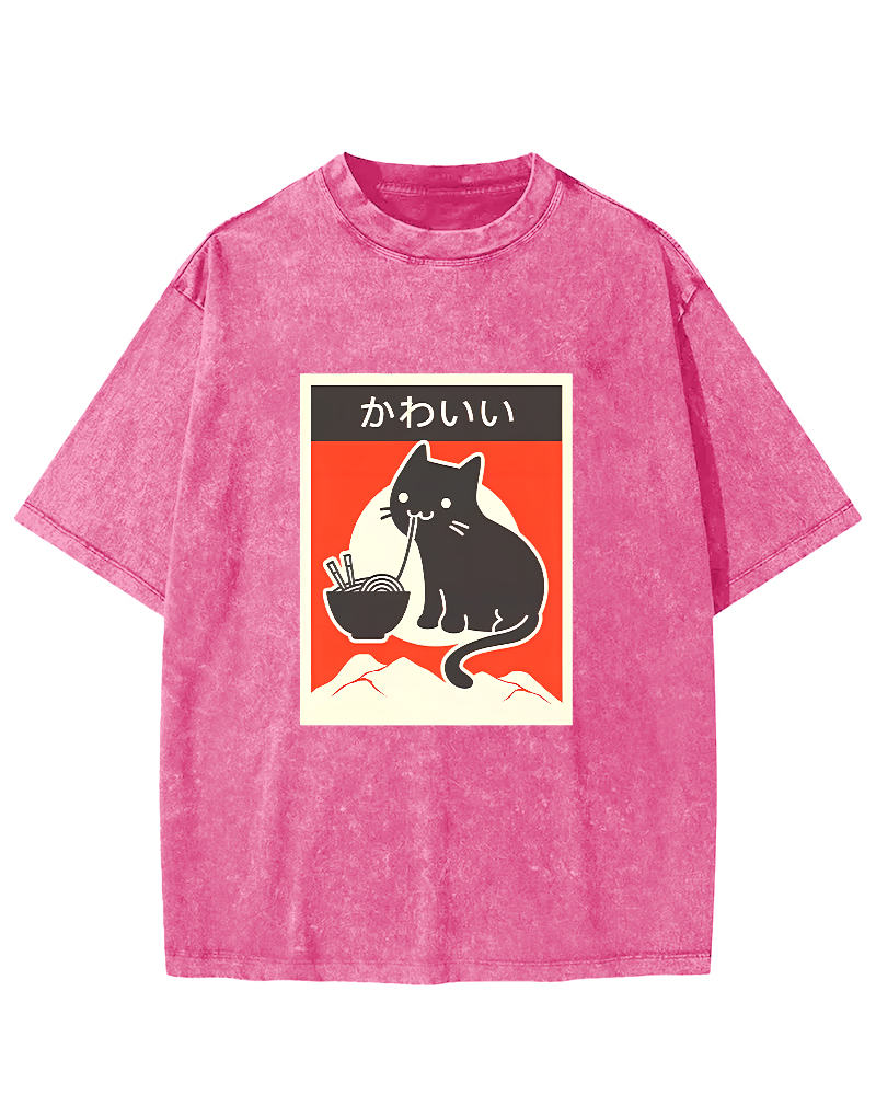 Noodle Eating Cat Japanese Style Washed T-shirt